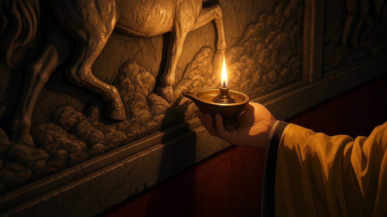 Lamp and fingertips on a carved hoof
