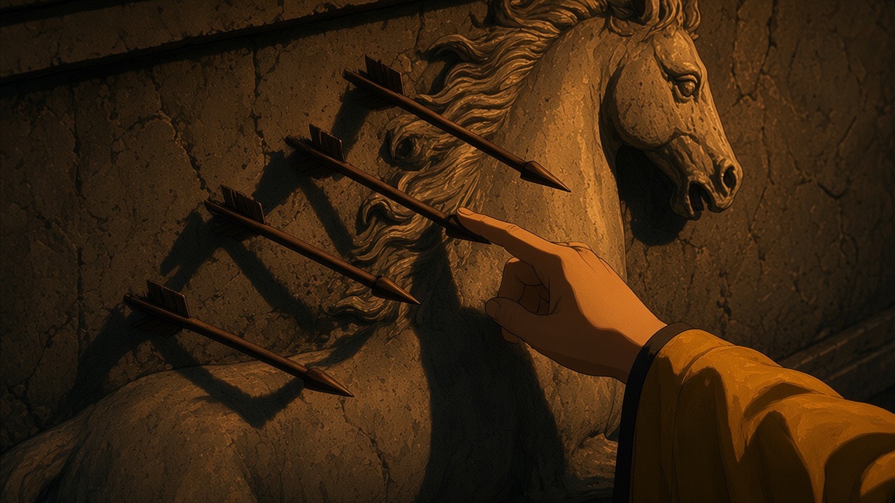 A fingertip counts the carved arrows