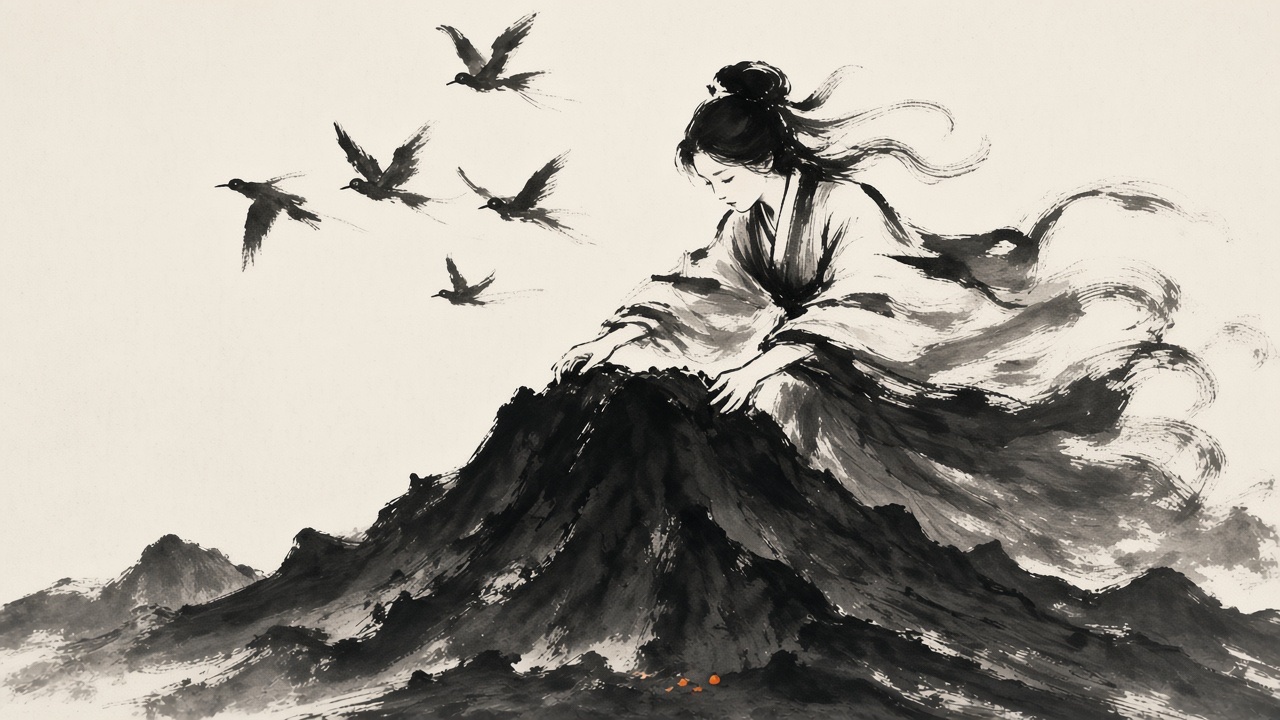 Seolmundae rises from the mountain, birds overhead