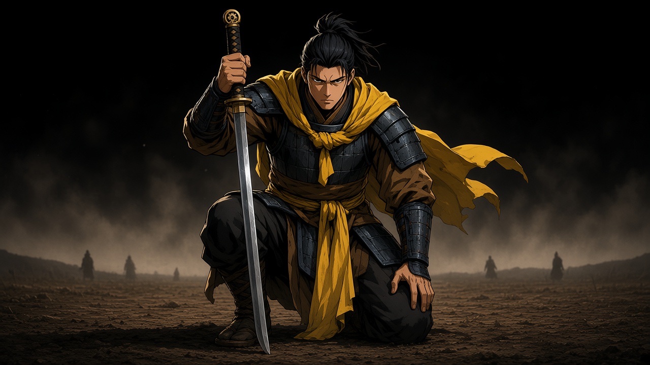 Gyebek kneels with his sword planted