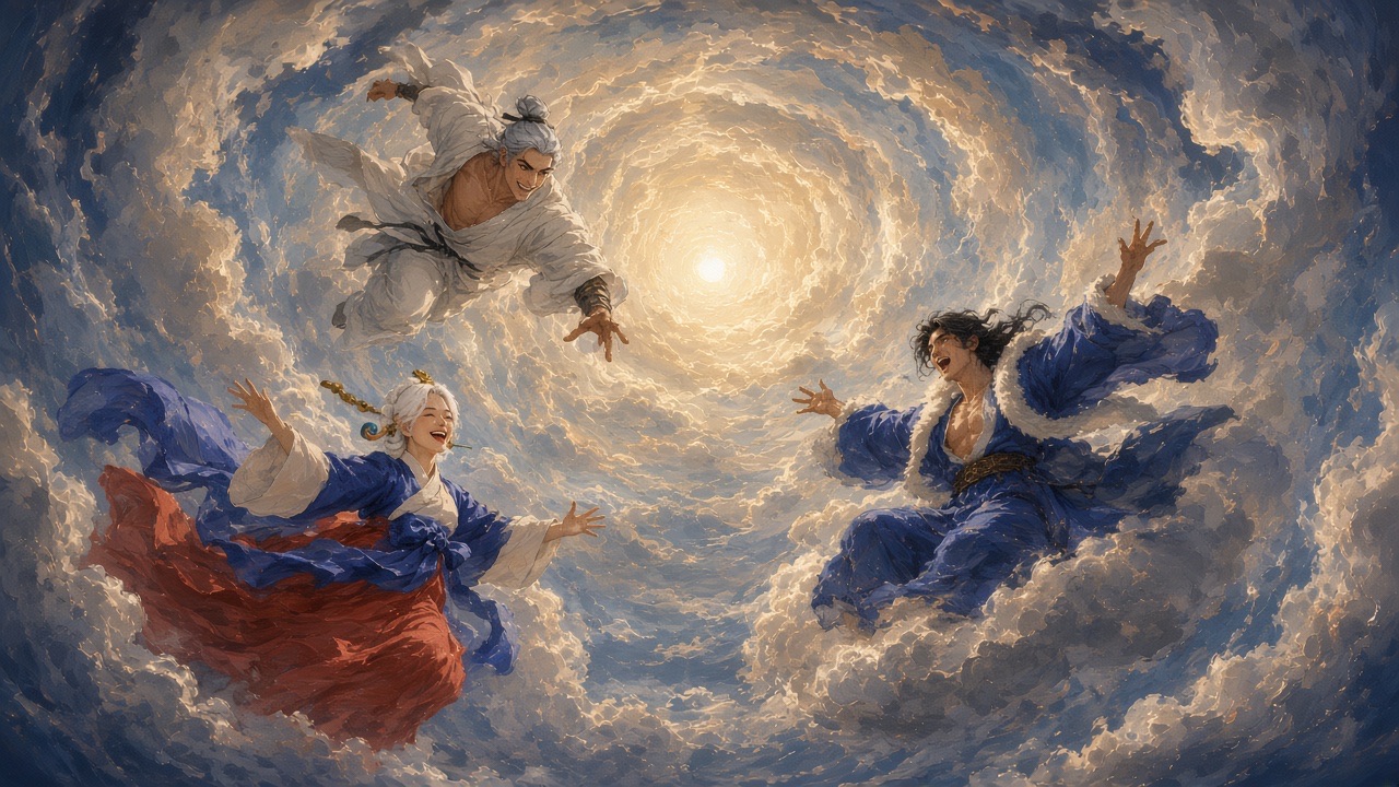 WORM'S-EYE looking straight up into a spiralling vortex of cloud opening onto pale gold light.