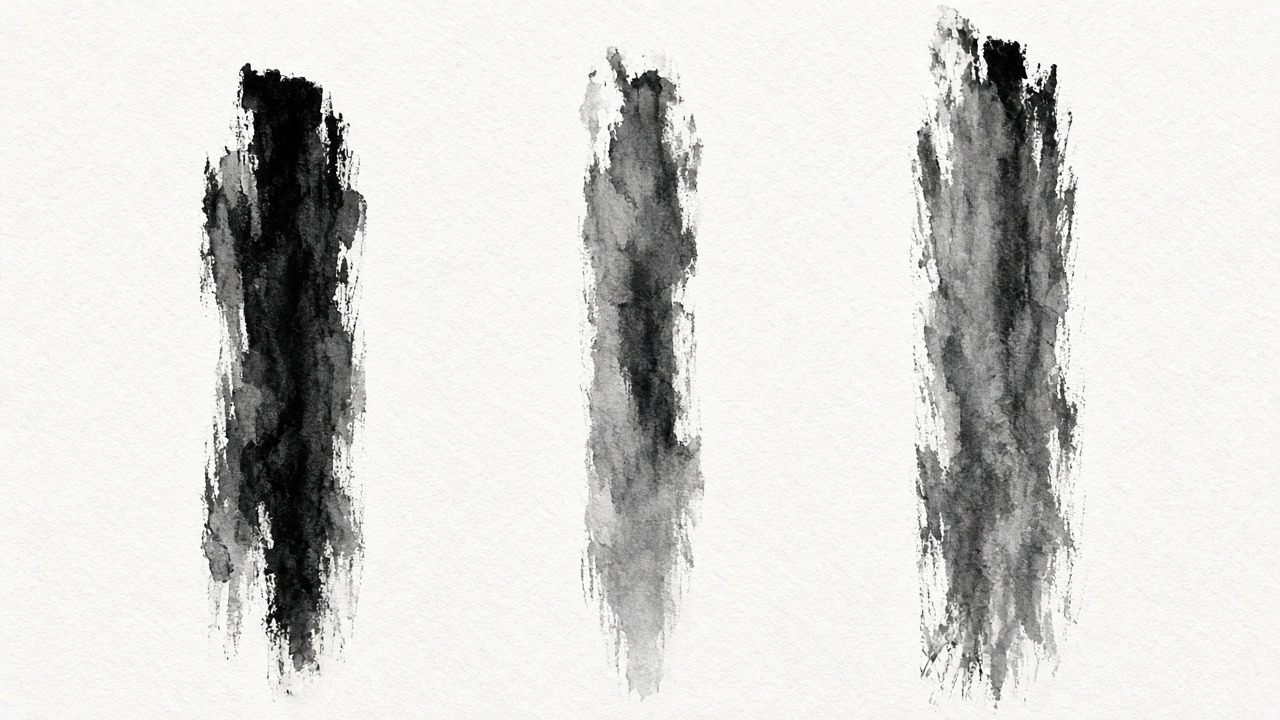 Three vertical brush strokes, spaced, each a different weight, flying white.