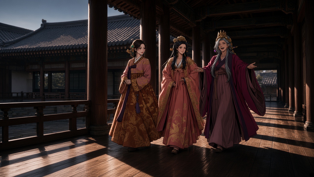 Three princesses walk the palace gallery