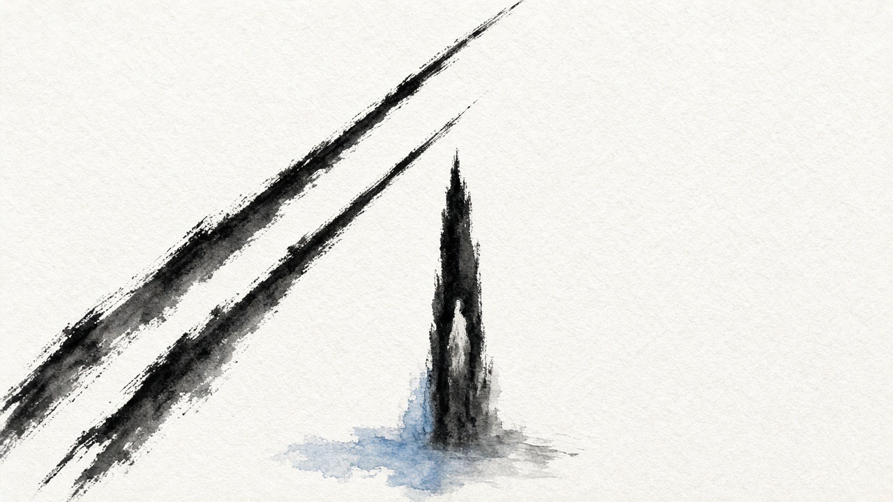 Two diagonal strokes dive down and off the left edge, wet to dry.
