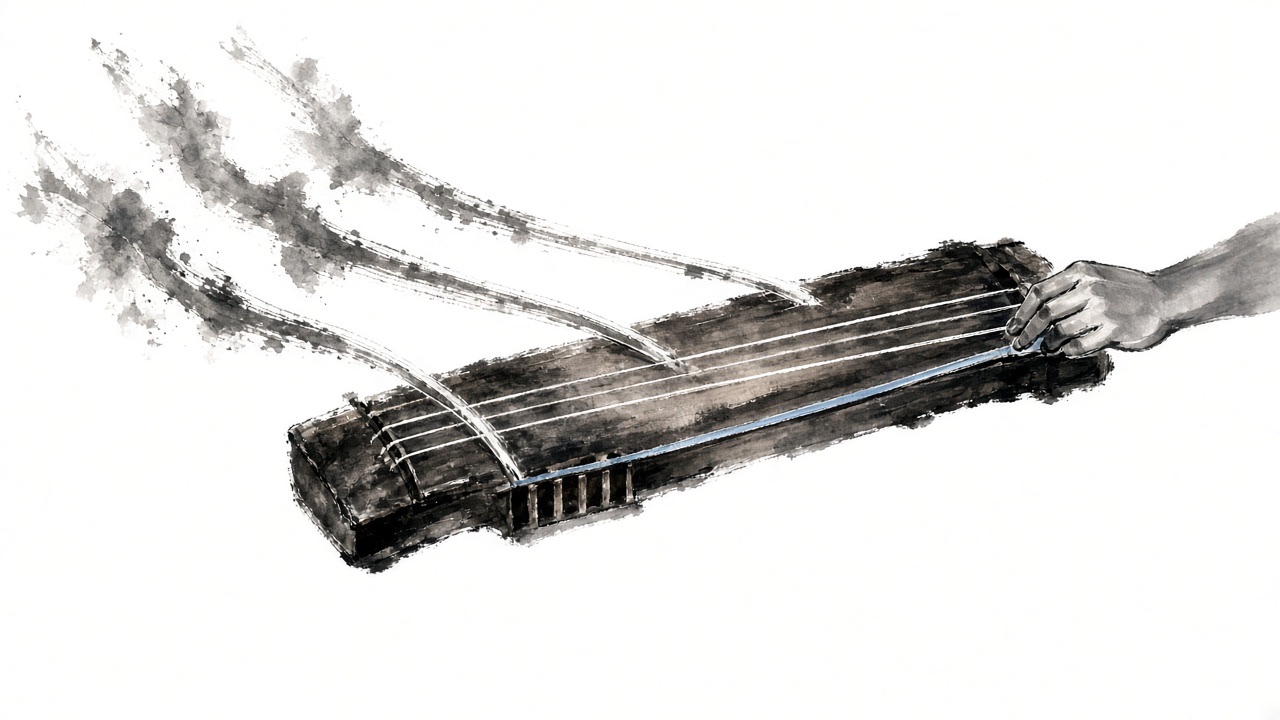 Three strings over the bridge: two peel away and leave the instrument toward the edge of the paper, one string stays and is being played by a single hand-mark.
