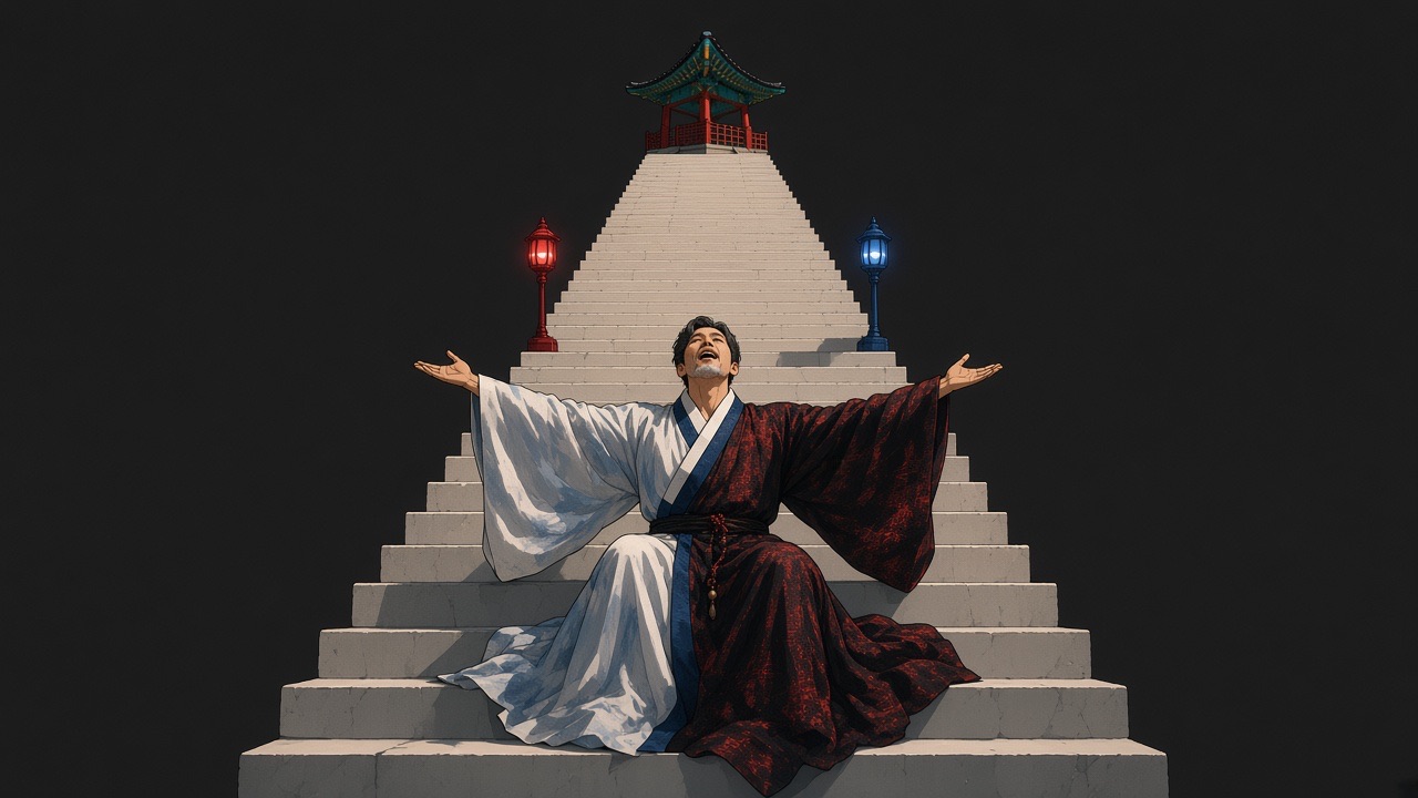 A white-robed god on the white stair, arms open