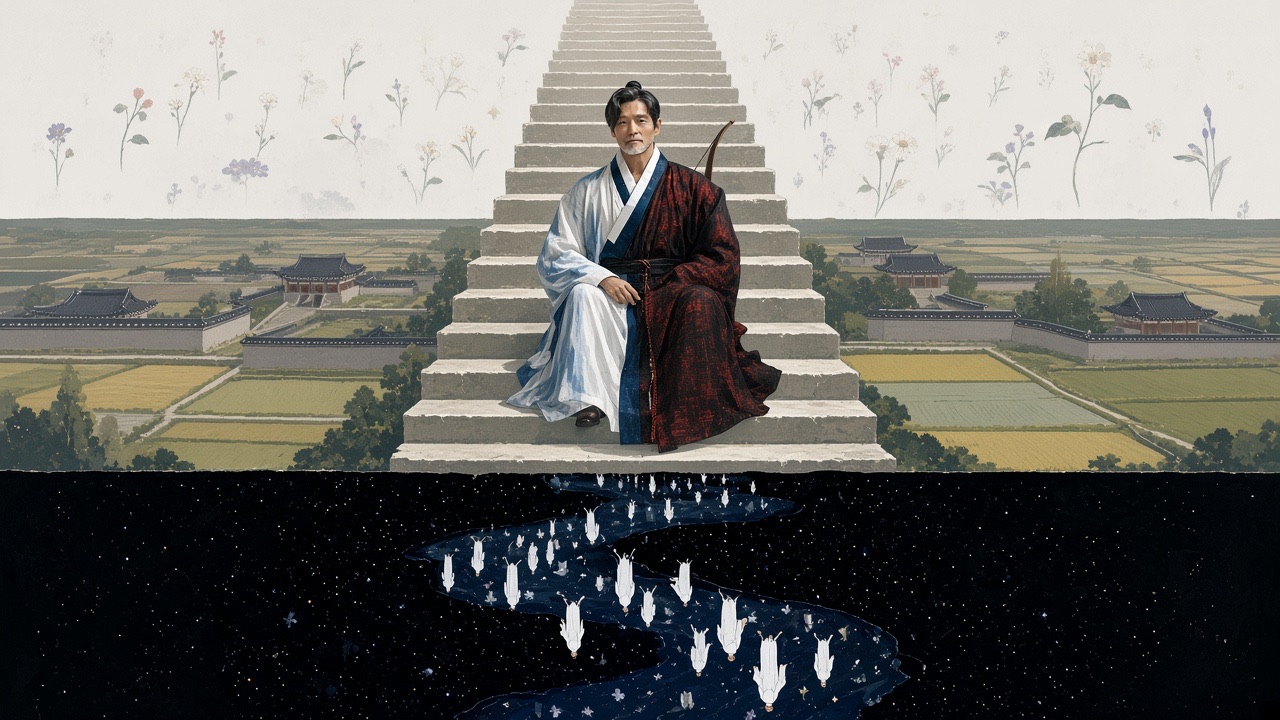 A figure on the stair between the fields and the underworld
