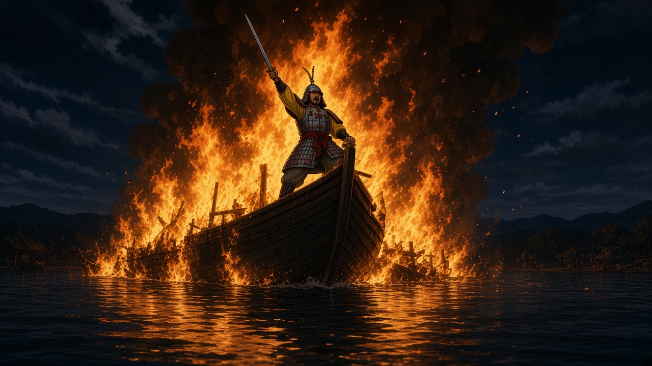 A burning ship, a swordsman on its deck