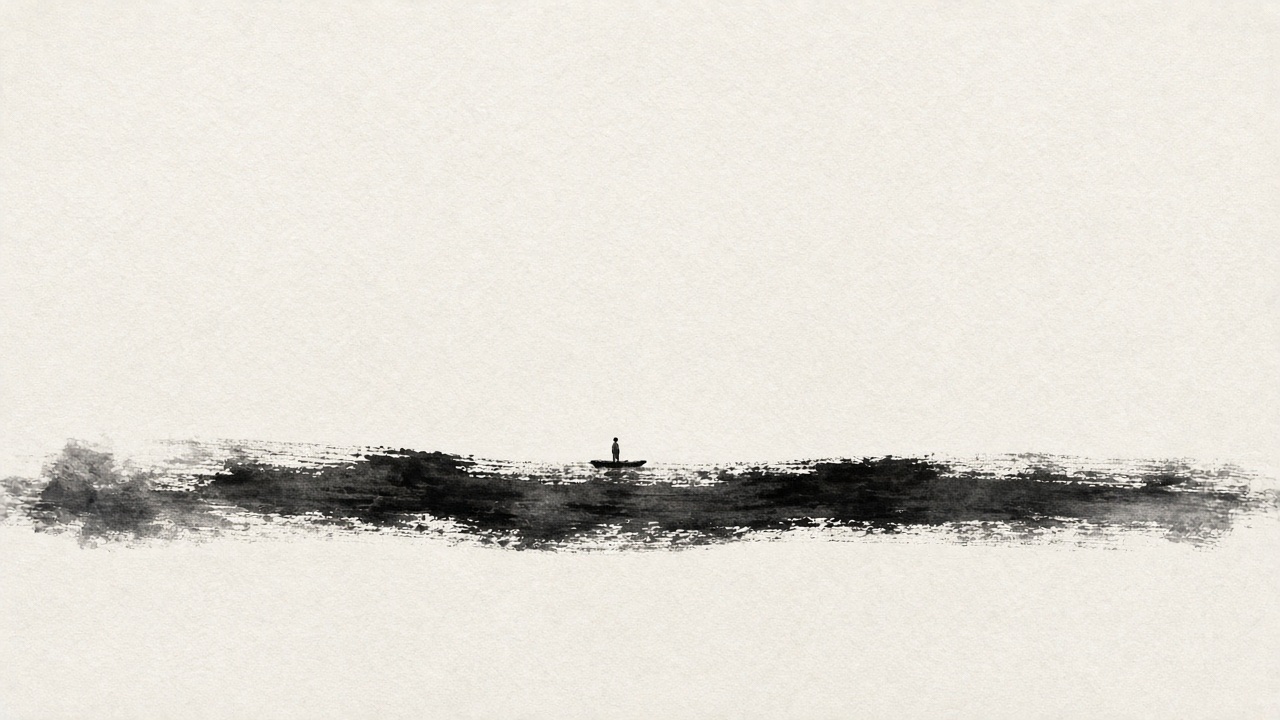 ONE horizontal loaded brushstroke across the lower third, black sumi, bristles splitting so white paper shows through the stroke (flying white).
