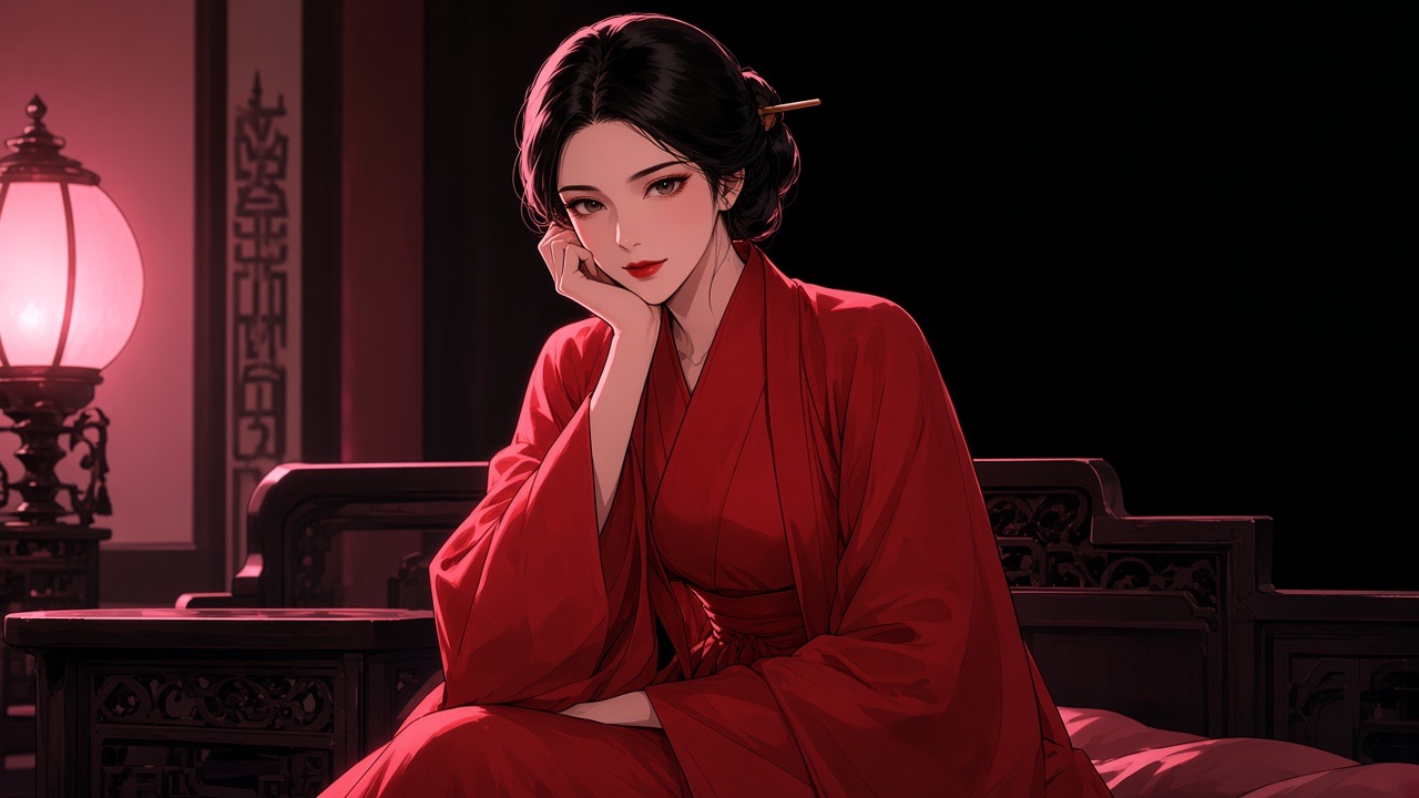 Empress Wu Zetian in a DIFFERENT outfit than her portrait, still Tang and not Korean hanbok: a plain cinnabar-red silk ruqun with no gold embroidery, hair in a simple…