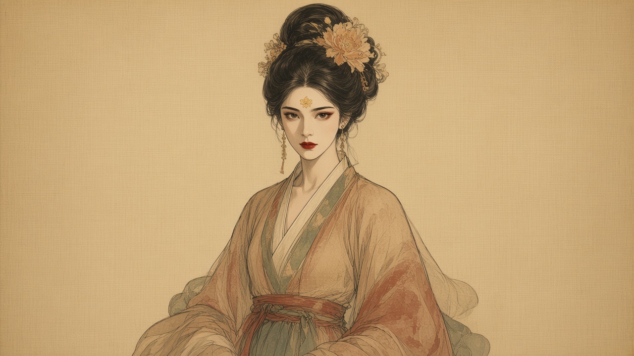 FACE matches the attached Wu Zetian portrait: East Asian features, dark eyes, portrait nose, not European, not a Joseon hanbok.