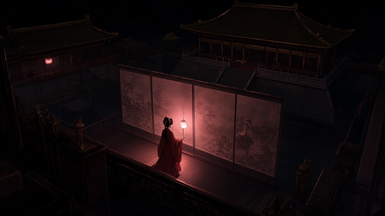 A lone figure before a glowing screen in the dark palace
