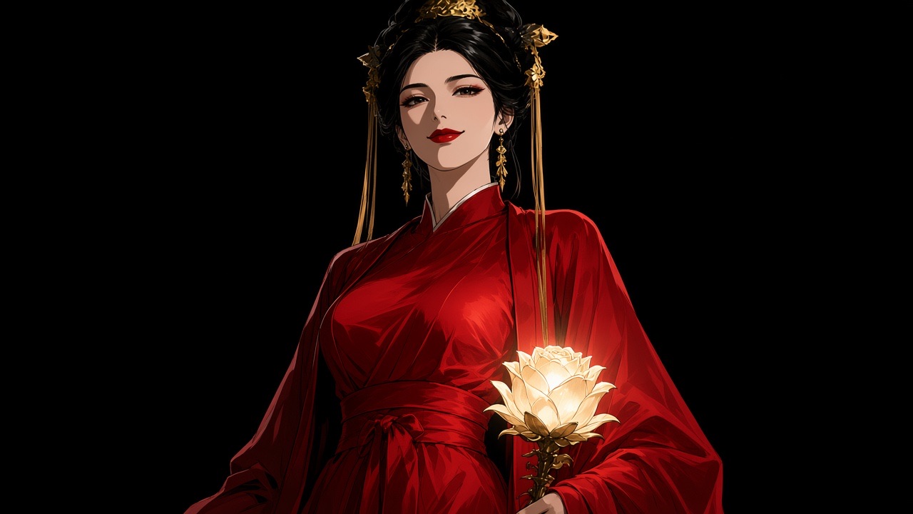 Modest natural chest, NOT large, NOT exposed, Tang gown neckline high and closed.