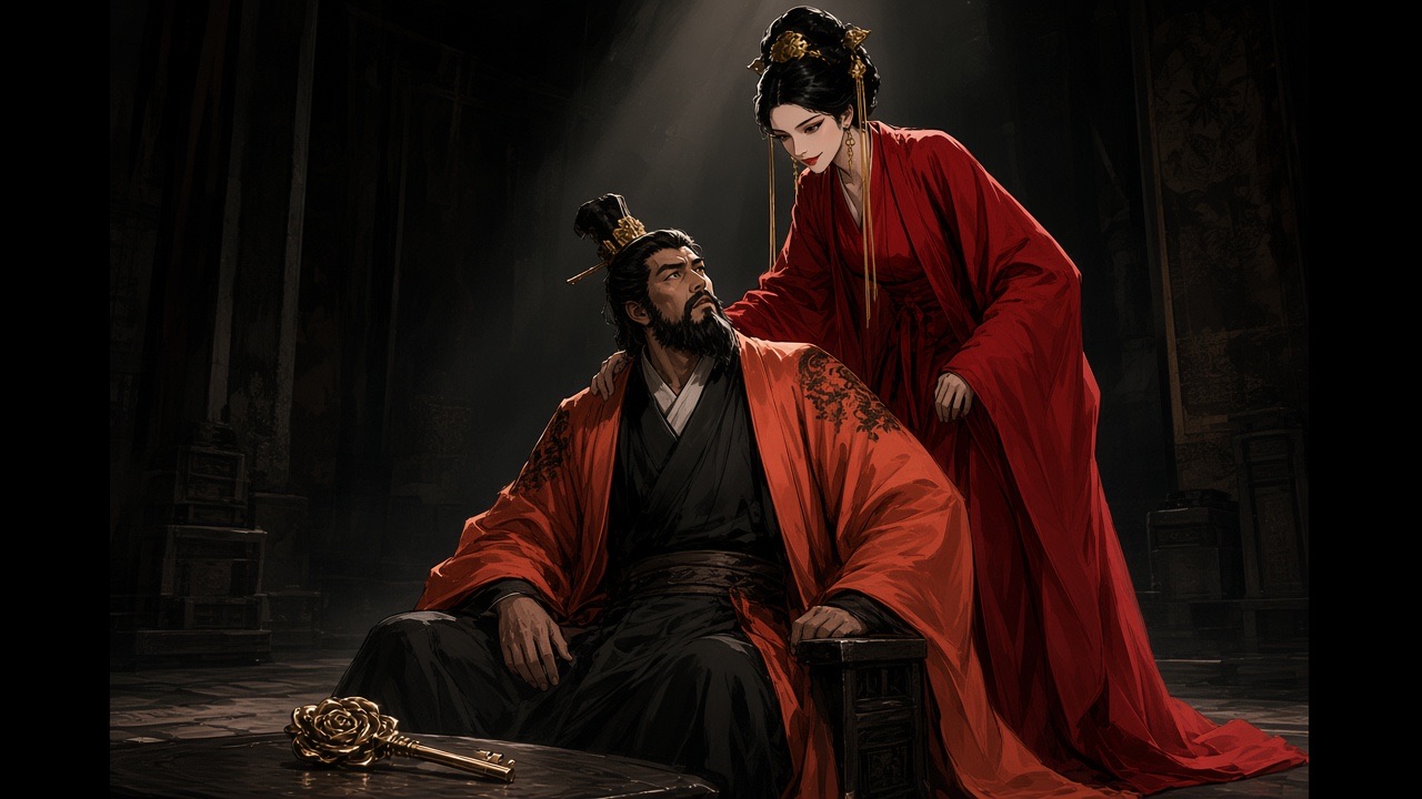Wu Zetian stands over the seated emperor