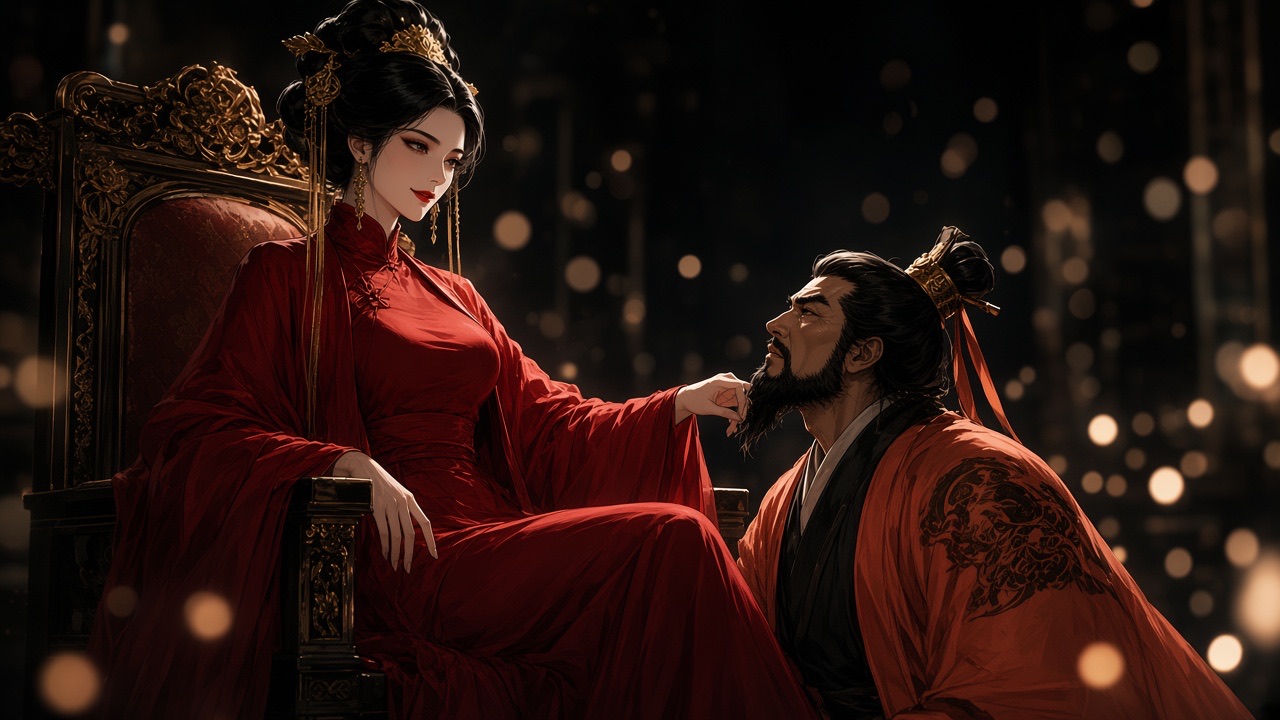 Empress Wu seated above, in control, one finger under Emperor Gaozong's chin, a private smile; he kneels looking up, seduced.