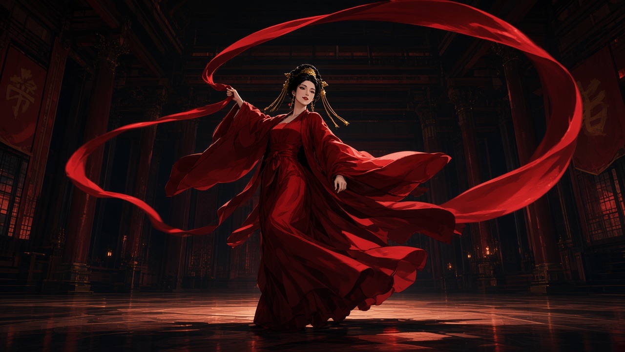 a single long red silk ribbon-banner falling from the rafters and curling across the frame like a brushstroke.