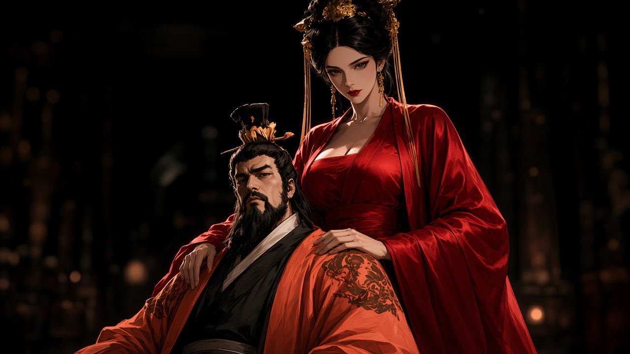 Wu stands over seated Gaozong, hand on his shoulder, leaning only as far as she wants, powerful and pleased.