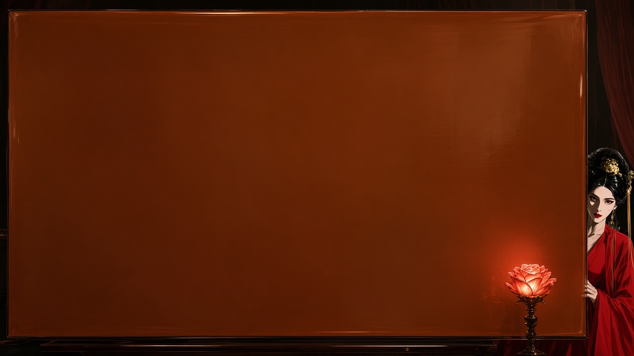 A huge empty lacquer screen fills the frame, warm silk color, almost blank.