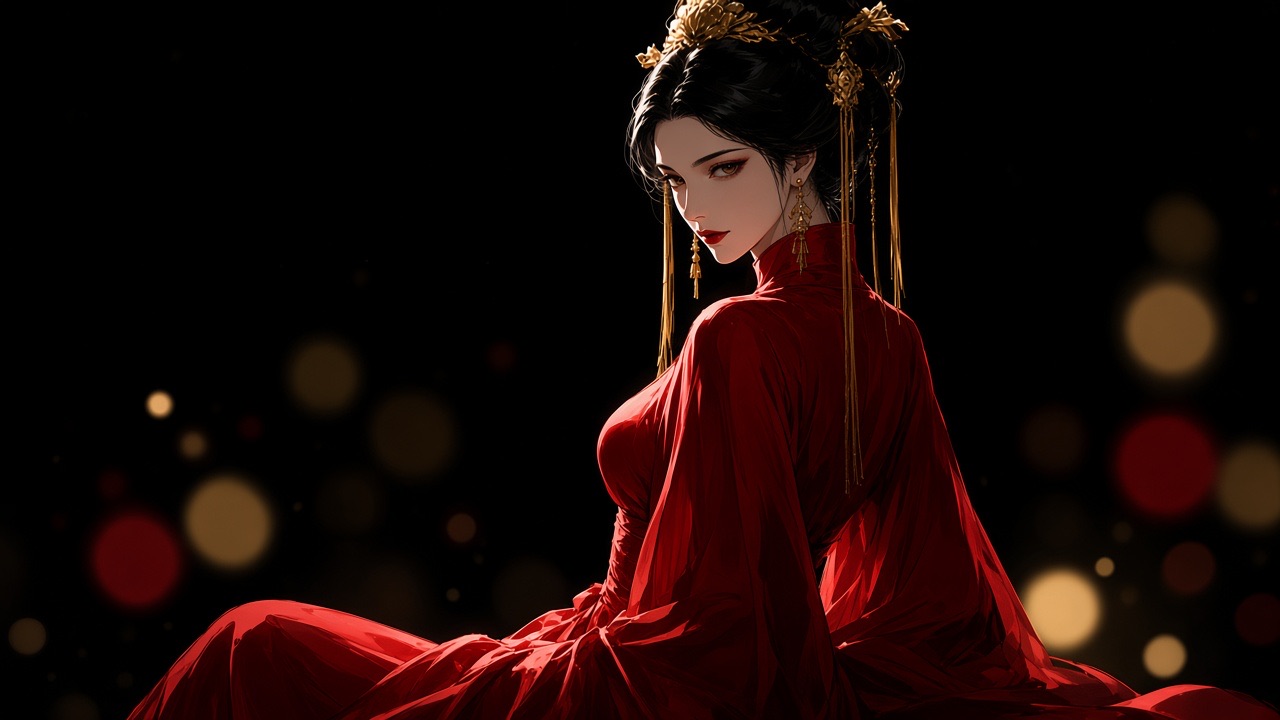 Adult Empress Wu seated sideways, red Tang gown wrapped close to the body.