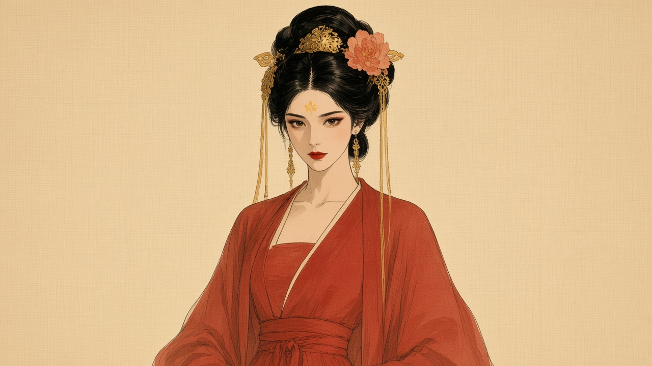 FACE matches the attached Wu Zetian portrait, dark eyes, not European.