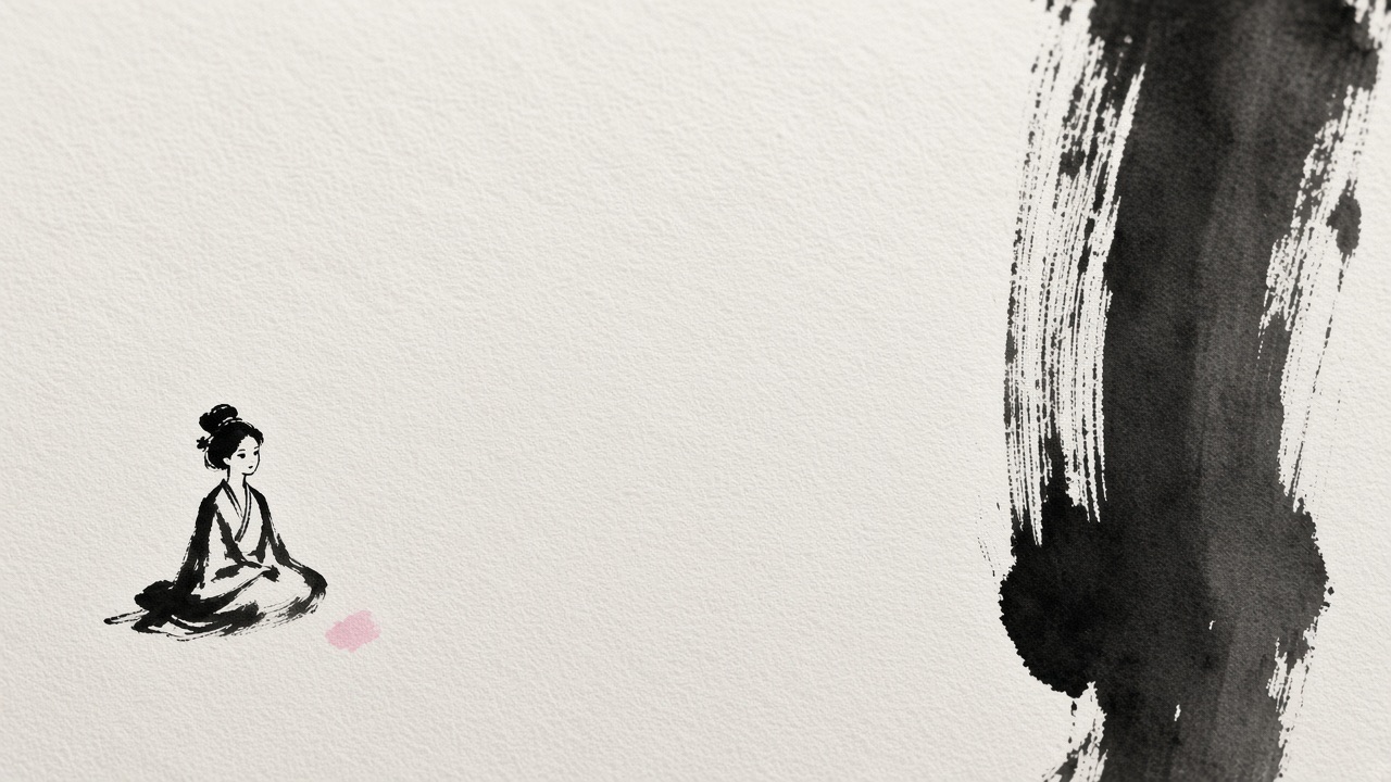 a single vertical wet-ink stroke, a screen, occupying the right third, edges blooming where the brush was too wet, flying-white dry hairs where it lifted.