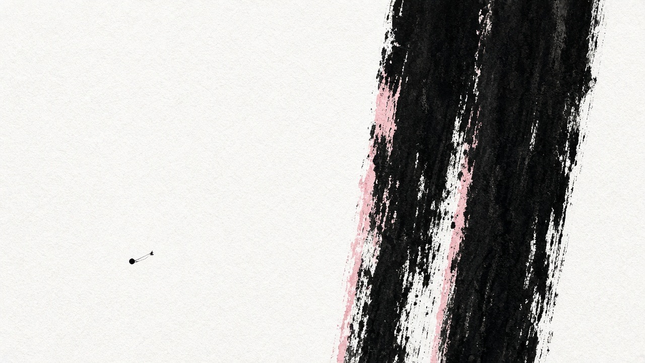 One huge vertical black screen stroke on the right, bristles and flying white.