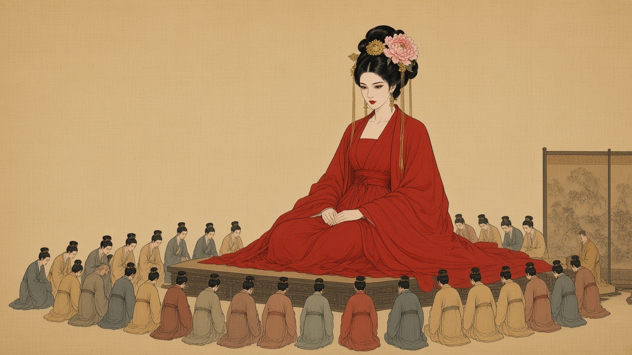 Empress Wu Zetian painted monumentally larger than everyone else, seated on a low dais with a calm unreadable face, a peony in her hair; around her feet, tiny…