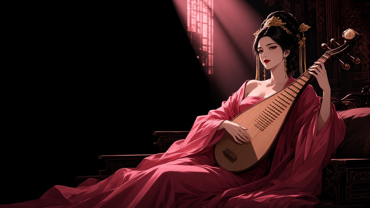 Renaissance reclining composition (Titian-like diagonal body) drawn in clean manhwa line, flat cel shadow, NOT photoreal, NOT oil paint.
