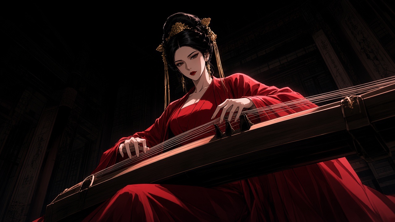 Worm’s-eye from the floor of a dark Tang hall: Empress Wu Zetian seated at a long guzheng, fingers mid-pluck, sleeves falling, the instrument a pale diagonal cutting…