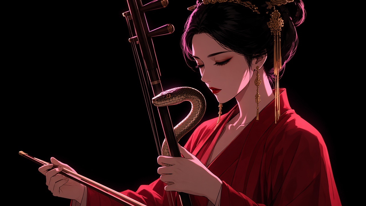 Profile close of Empress Wu Zetian playing an erhu, bow paused on the strings, eyes closed, lips parted on a breath, hairpin catching light — intimate and sensual,…