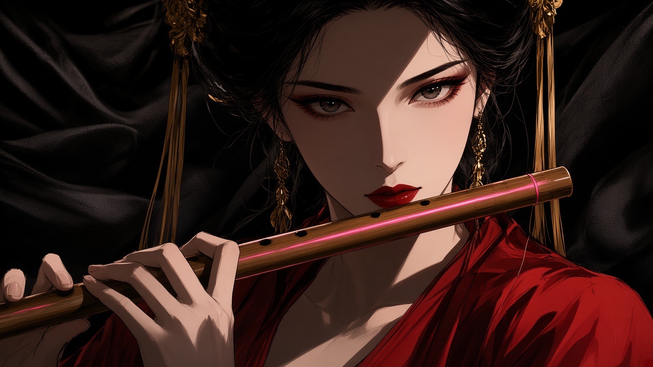 Empress Wu Zetian playing a natural bamboo dizi, brown wood with finger holes, held sideways at her lips.