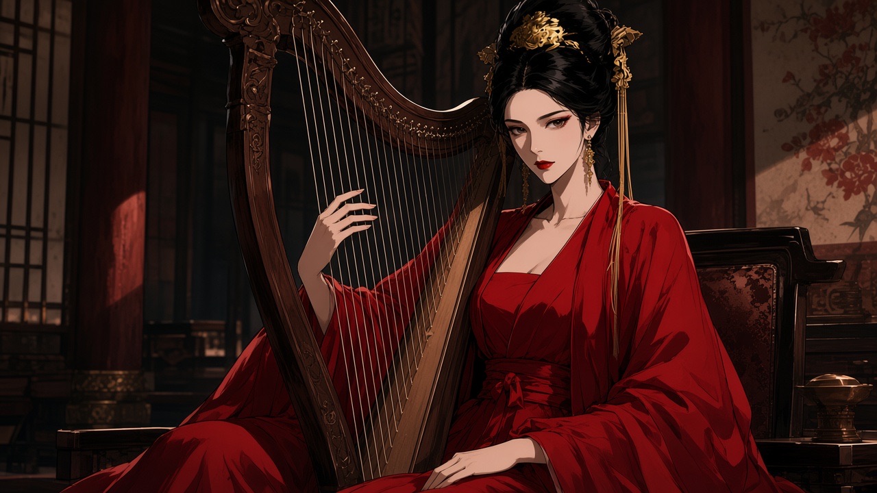 Empress Wu Zetian seated with a konghou harp, the curved frame of the harp making a crescent that crops her body, one bare arm along the strings, she looks aside with…