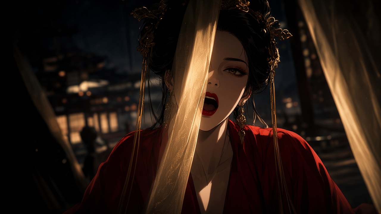 Wu Zetian’s open singing mouth and eye catching the shaft as a vertical light-seam.