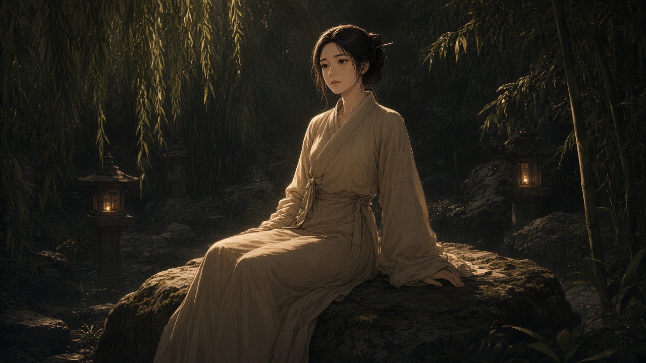 Adult Lady Liu seated on a rock, Tang gown wrapped close, high collar.