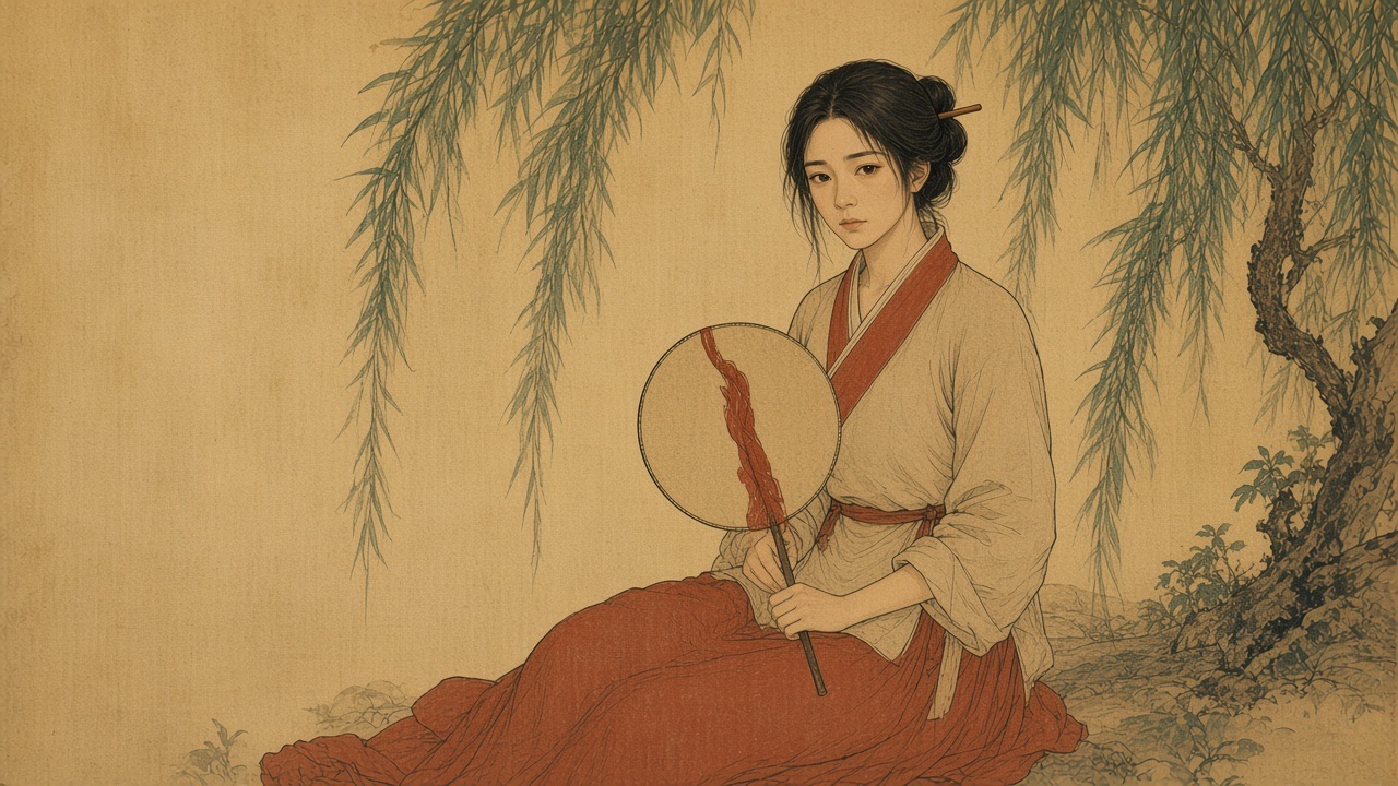 Lady Liu seated under a willow with a round fan.