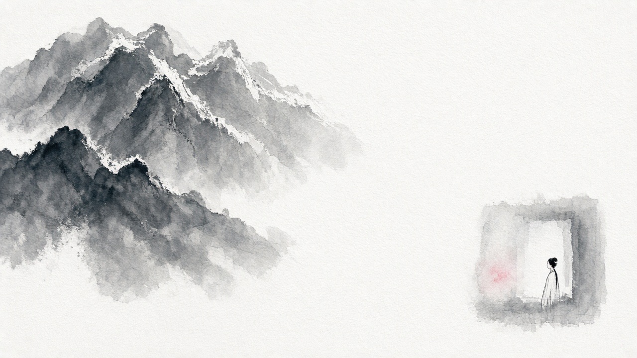 Upper left: mountains as wet ink masses with flying-white ridges.