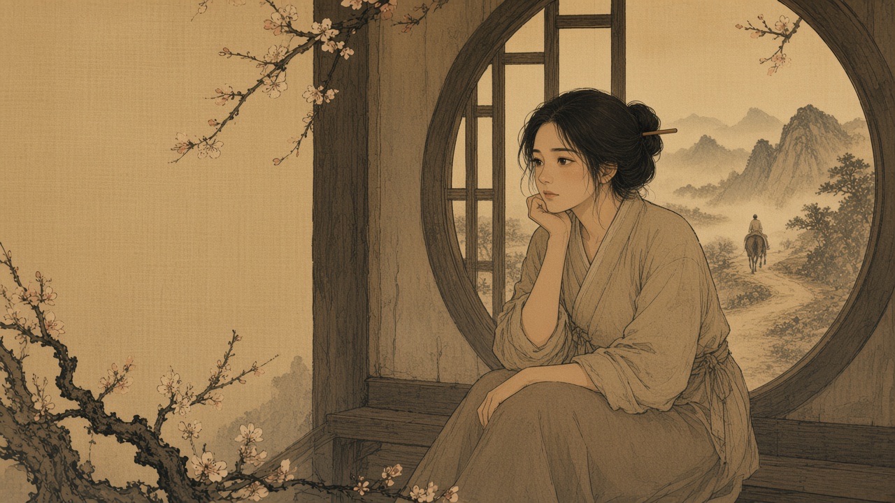 Lady Liu seated at a round moon-window of a humble timber cottage, chin resting on her hand, gazing out; a single blossoming plum branch crosses the foreground in…