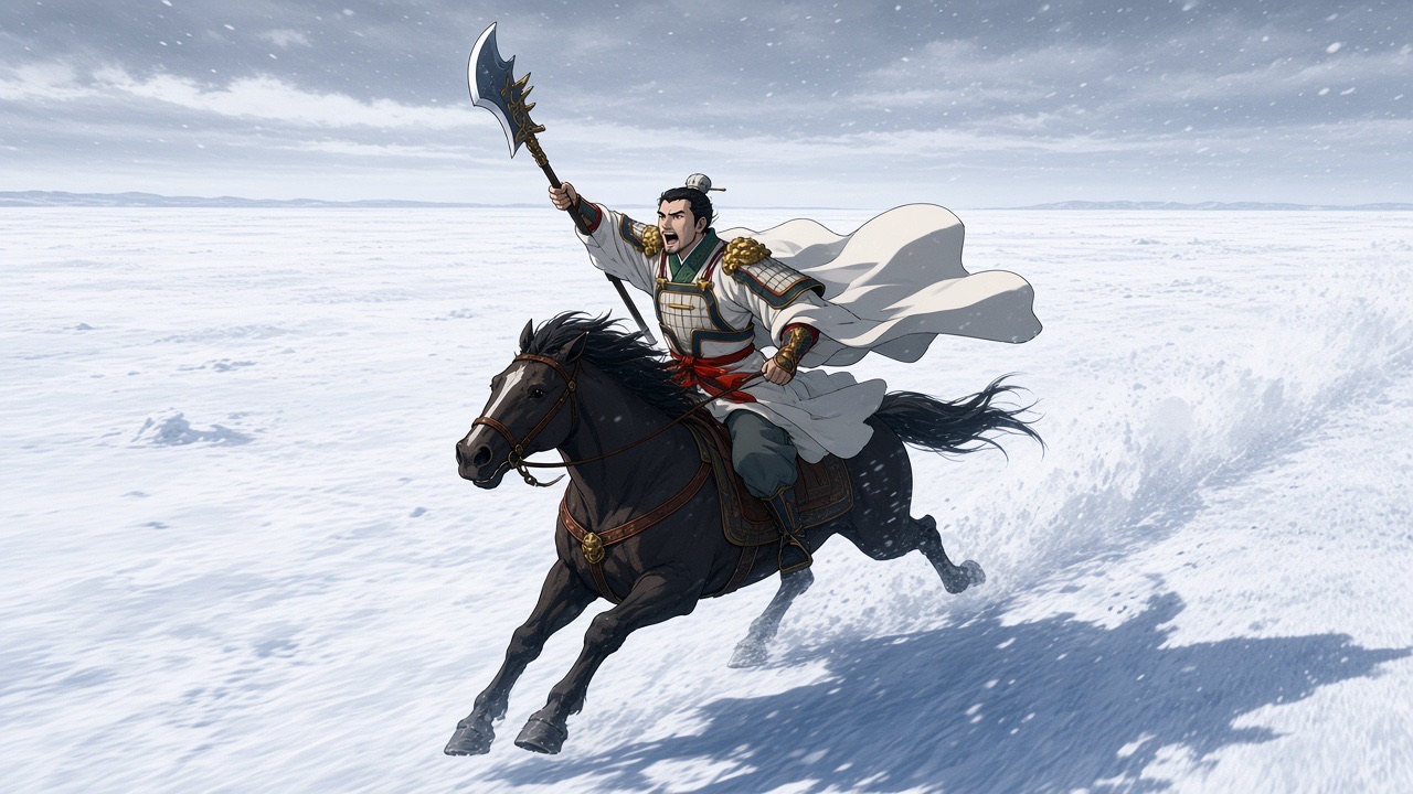 Xue Rengui charges through the snow with the ji