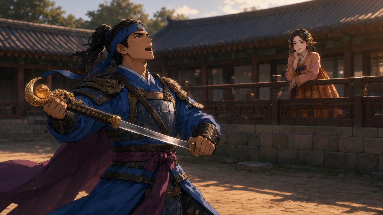 Young Yushin with his sword in the yard, Dukman watching from the rail