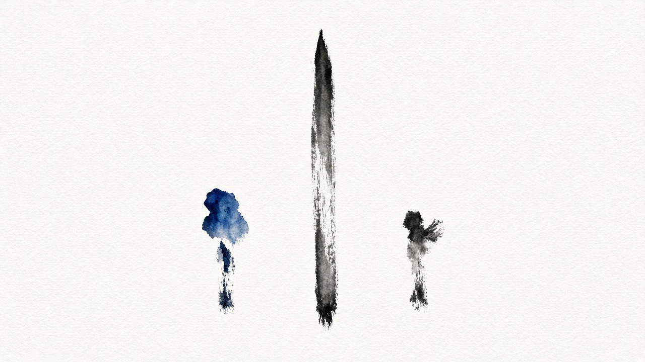 A single VERTICAL dry brush stroke stands in the center like a fence, flying white.