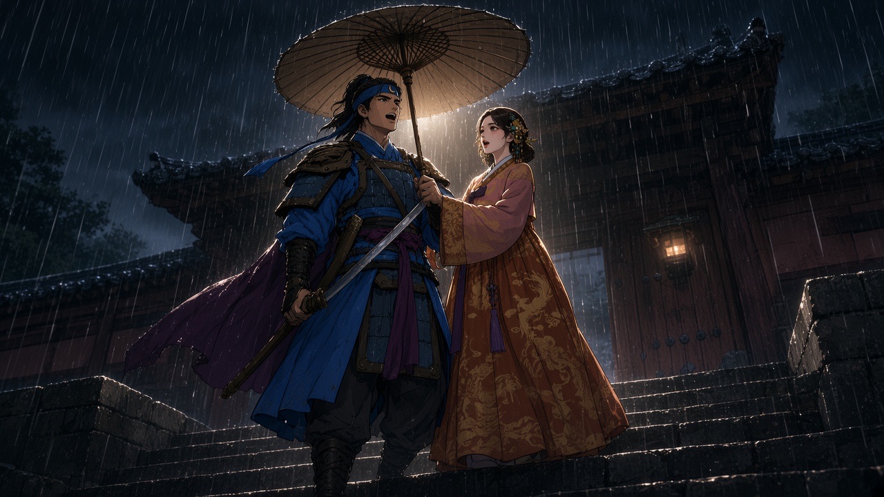 Yushin holds an umbrella over Dukman on the rainy steps