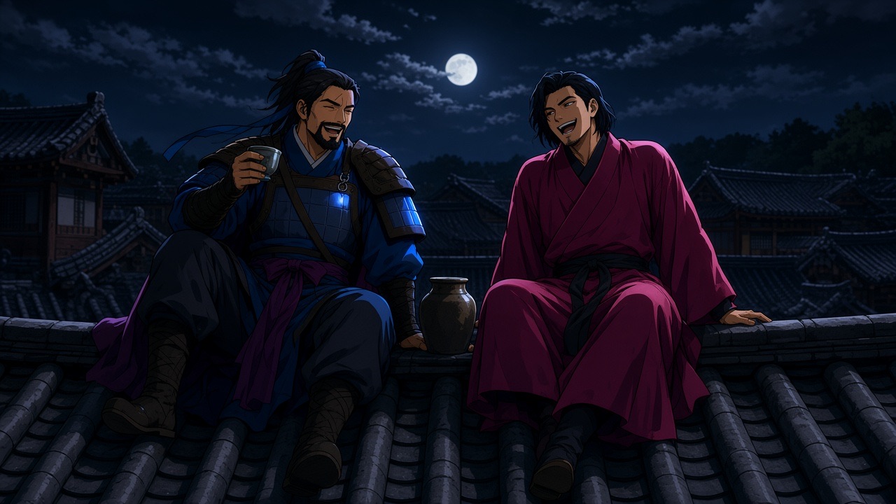 Yushin and Chunchu on a rooftop under the moon