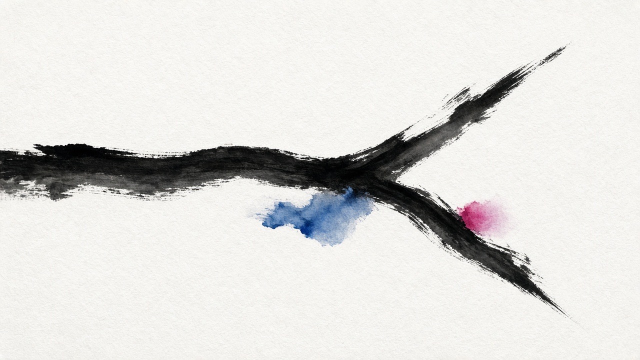 One brush stroke starts as a single line and forks into two.