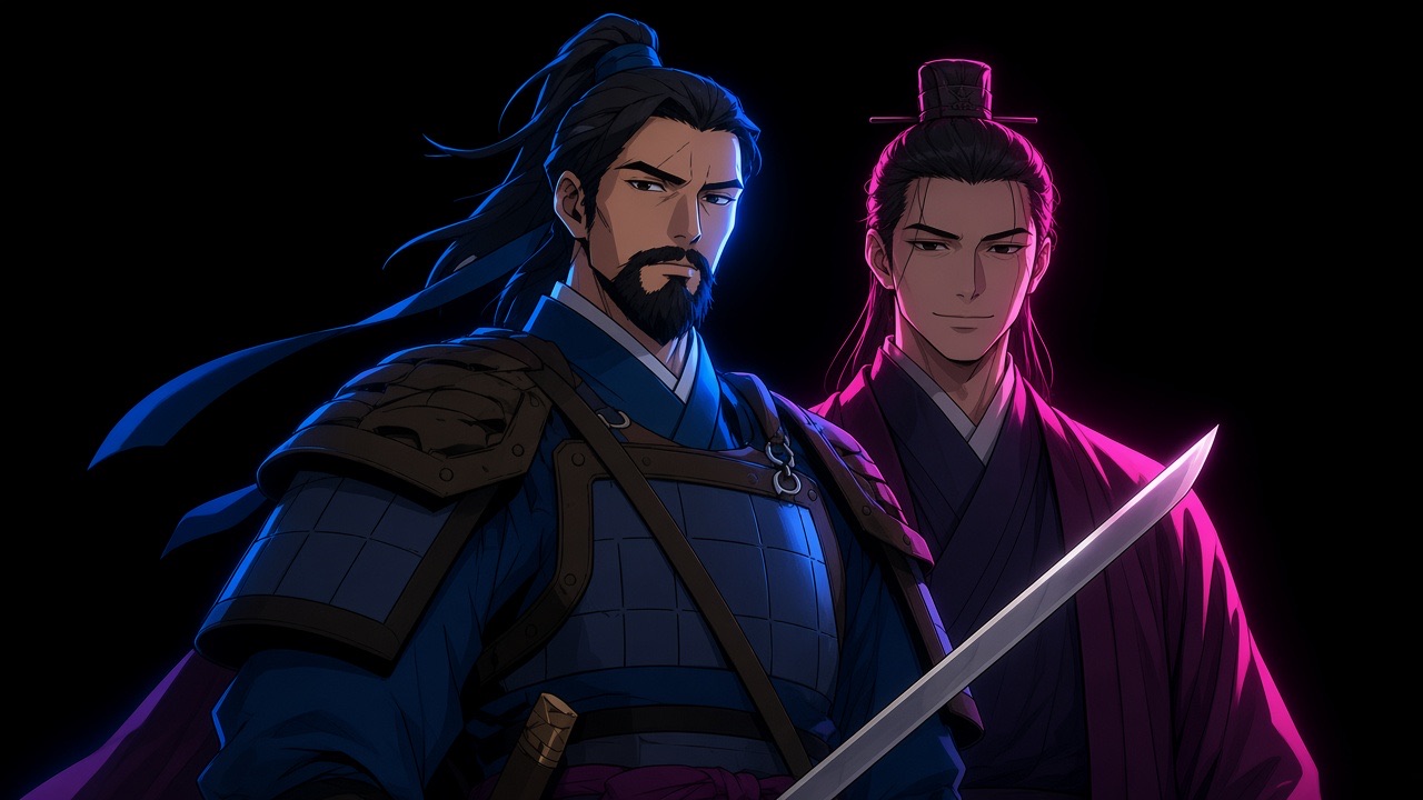 Two men against pure black, triangular, direct gaze.
