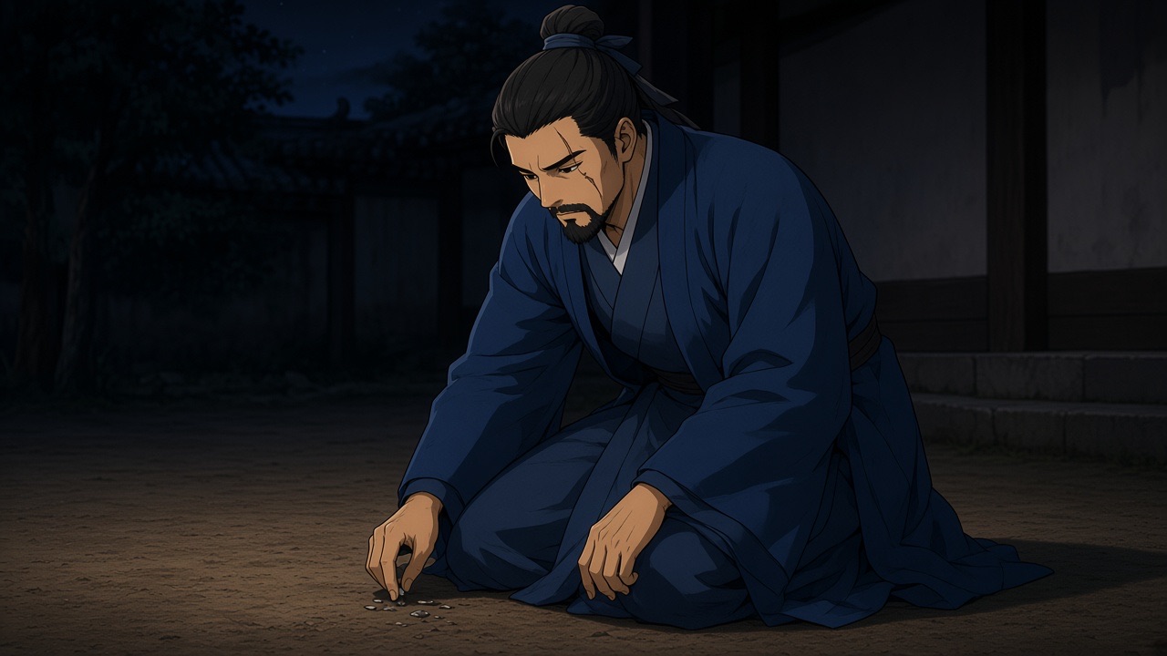 Yushin kneeling alone in the dark hall