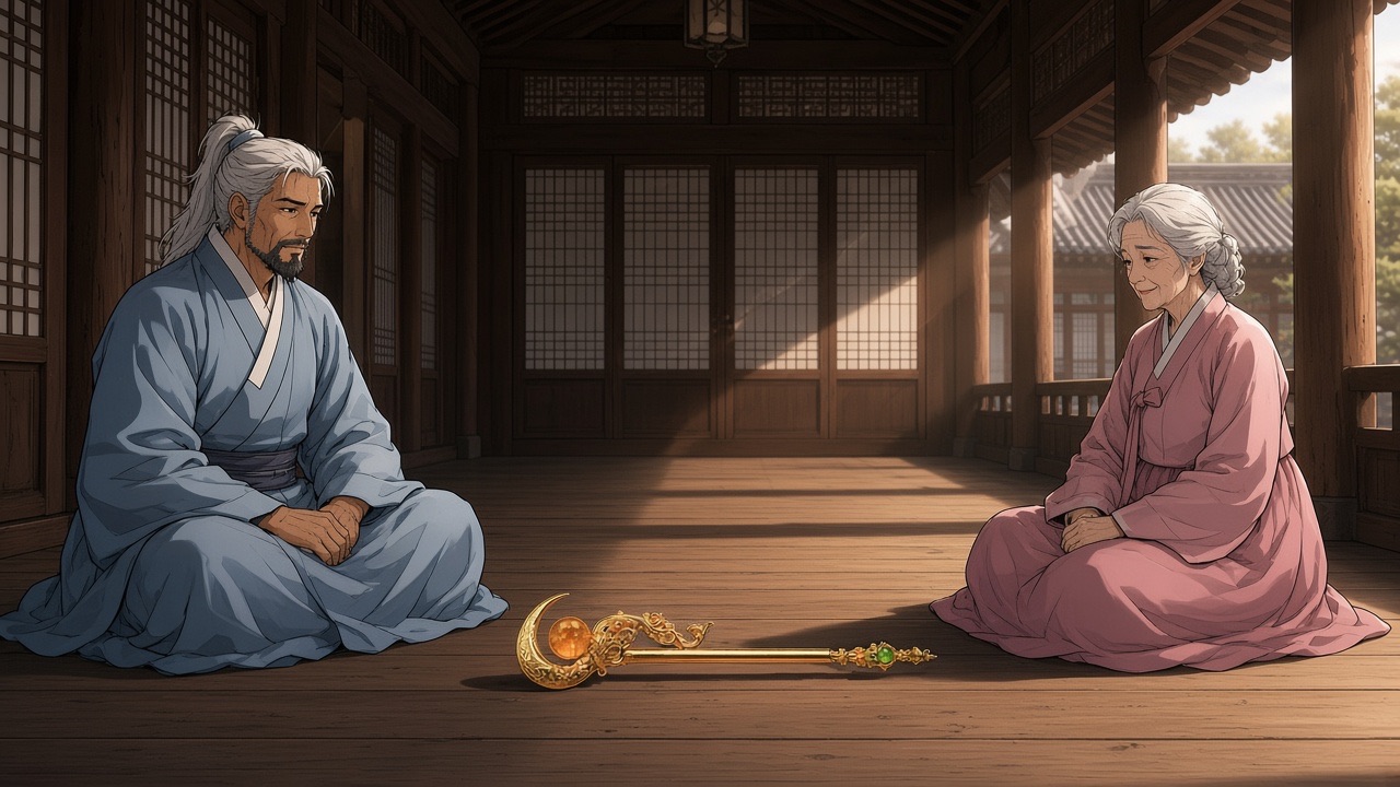 Old Yushin and Sunduk seated across a sunlit floor