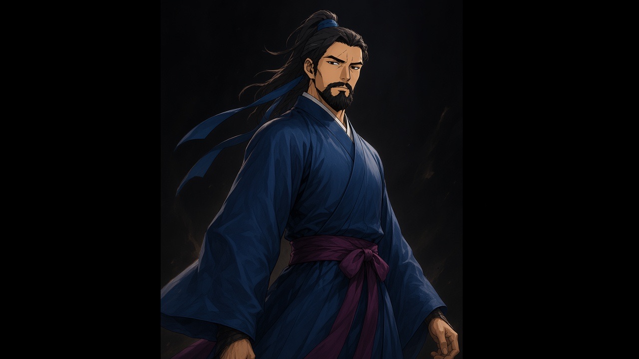Kim Yushin in a plain closed blue silk coat, no armor, standing in a twist as if he just stopped walking.