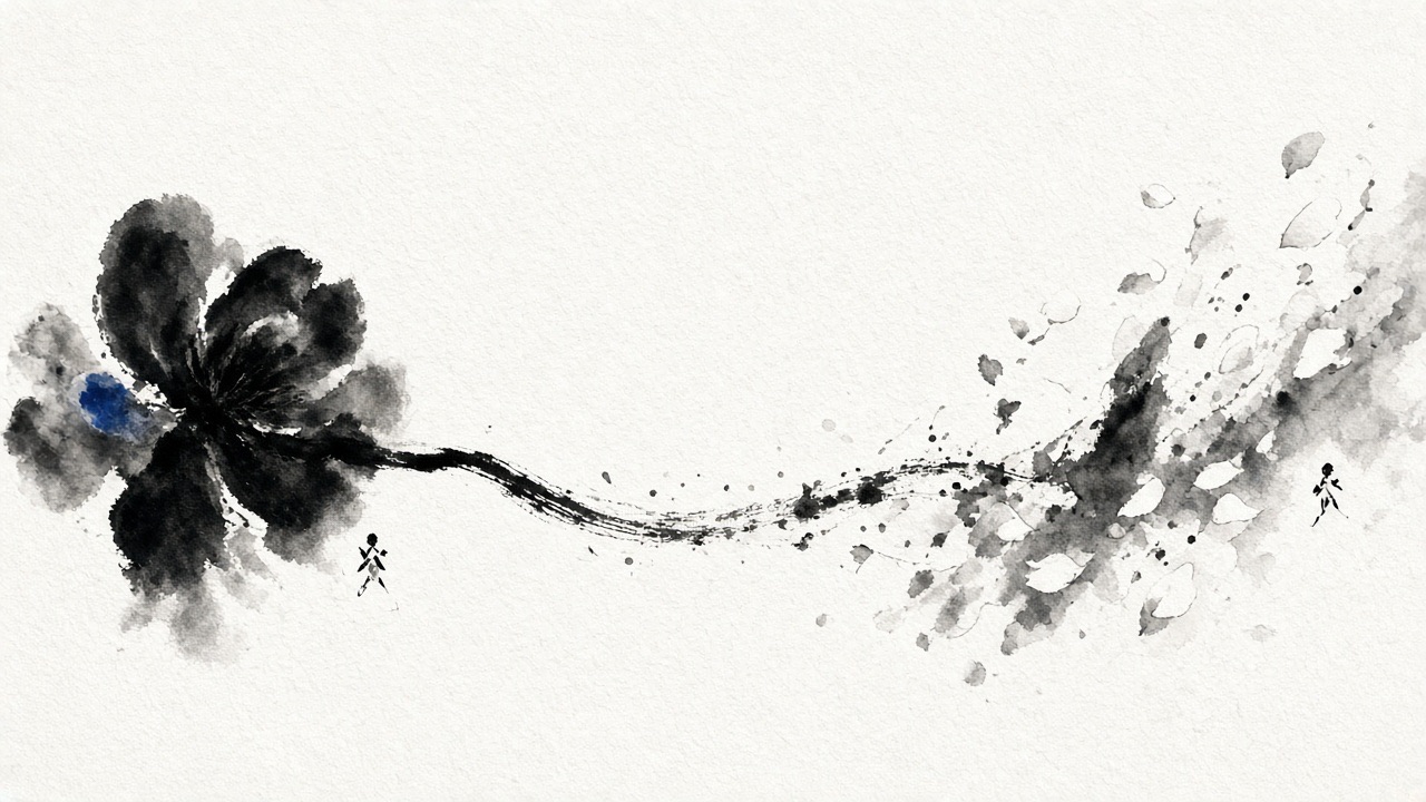 Left side one wet black blossom, the same stroke travels right and dries into falling petals and flying white.