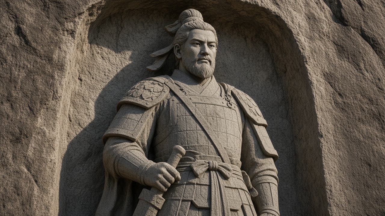 FACE carved to match the attached Kim Yushin portrait: Korean features, dark eyes, portrait nose and beard, not a Chinese official hat, not a Joseon robe.