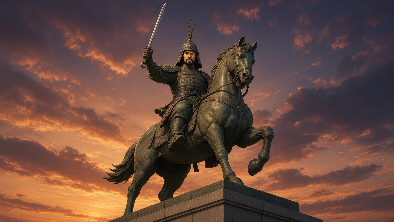 His RIGHT hand holds a full sword high: small ring pommel at the heel of the fist, short grip, long steel blade pointing up.